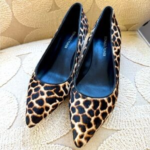 DONALD PLINER Leather Leopard Print Pointed Kitten Heels EUC 8M Brown Calf Hair